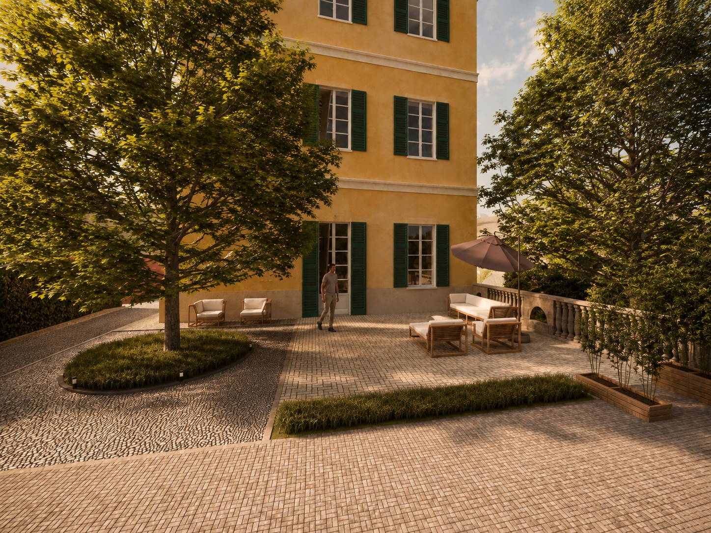 Zona salotto all'aperto tra gli alberi del giardino